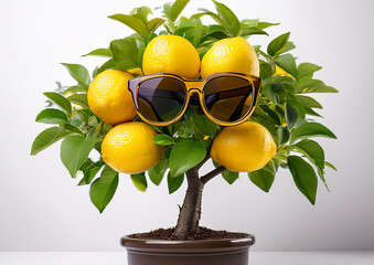 Pianta di limoni con occhiali da sole su sfondo bianco