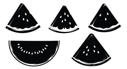 Set of five black silhouette slices of watermelon with seeds artistic sketch style vector