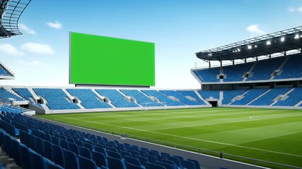 Empty sports stadium with green screen scoreboard, modern arena ready for sports event, concert, or advertising display