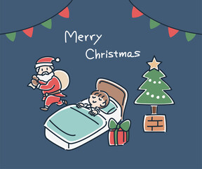 プレゼントを届けるサンタと寝ている子どものイラスト
