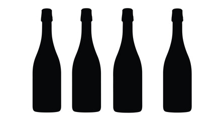 Four black silhouettes of champagne bottles lined up for celebration and toasting vector