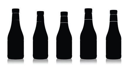 Collection of five dark glass bottles with reflective bases for sauces or beverages vector
