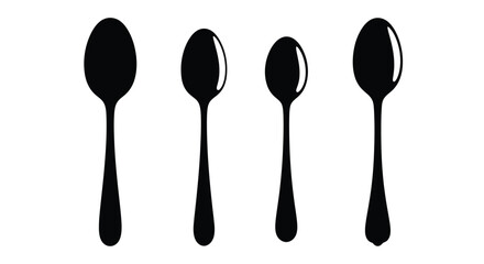 Four black spoons of varying sizes arranged in a row on a vector