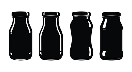 Four silhouette glass bottles showcase diverse shapes for packaging food and beverages vector