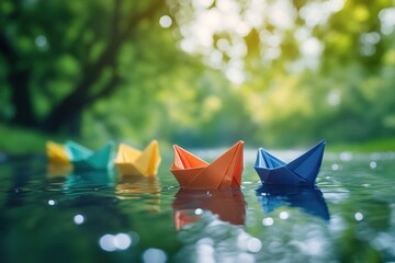 Paper boats floating on water childhood summer play creativity
