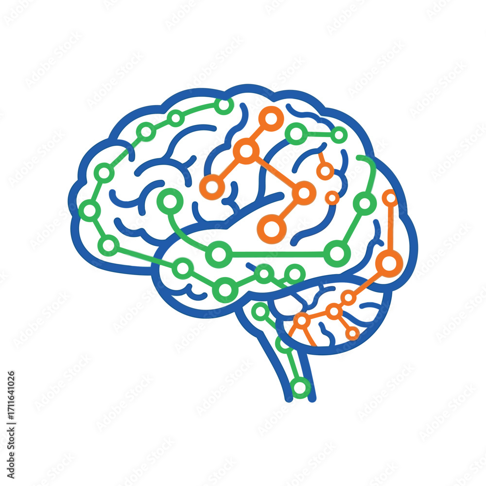 Poster conceptual illustration of a human brain merging with a digital circuit board representing artificia