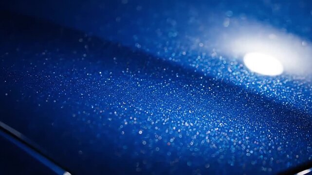Close-up of sparkling metallic blue car paint reflecting light