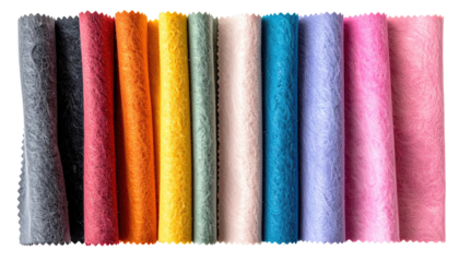 Rolled fabric samples in a spectrum of colors