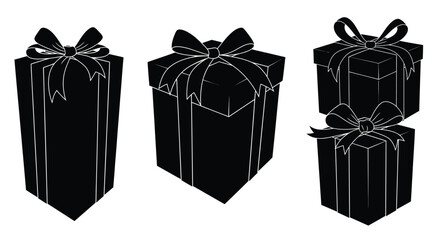 Three hand drawn silhouette gift boxes with ribbon bows festive celebration presents vector