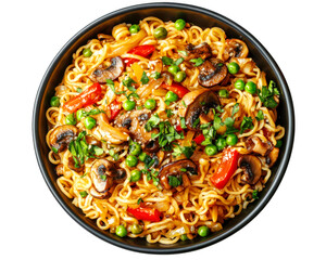 Bowl filled with noodles, mushrooms, peas, and peppers 