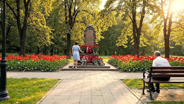 Veterans Day Tribute: Two people paying respects at a war memorial, a serene park setting with red tulips, captured in a wide outdoor shot with warm sunlight.