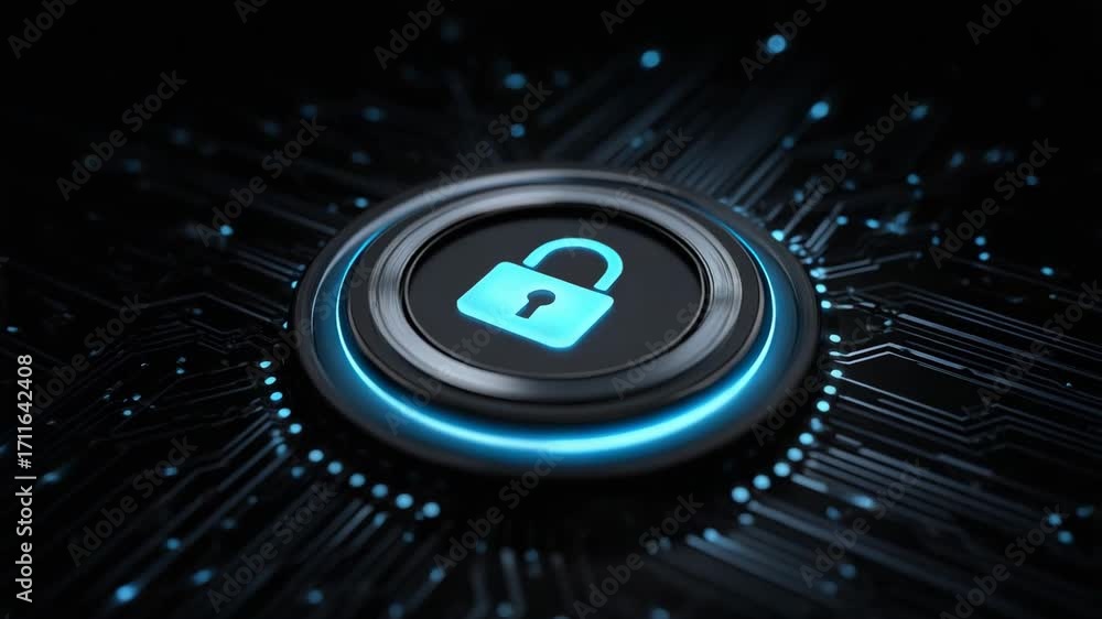 Poster a futuristic lock symbol on a digital circuit background, representing cybersecurity and data protec