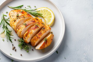 Grilled chicken breast slices with fresh herbs and lemon on a simple plate