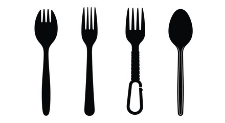 Set of four silhouette utensils cutlery including forks and spoons isolated on white vector