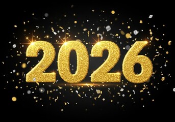 Golden 2026 text with glittering confetti and sparks on a dark background