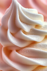 Macro close-up of creamy soft serve ice cream swirl in strawberry pink and vanilla white colors. Smooth frozen dessert texture, perfect for food photography,