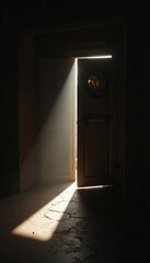 Obraz premium Open door with light beam illuminating the dark room, concept of Eclipse 