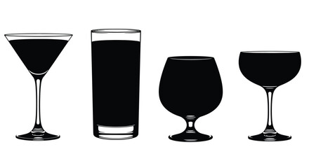 Diverse selection of dark beverages in elegant glassware set against white vector