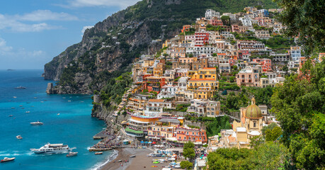 The picturesque small Italian town of Positano, descending from the terraces from the mountains to the Mediterranean Sea. This is one of the most famous places on the Amalfi Coast.