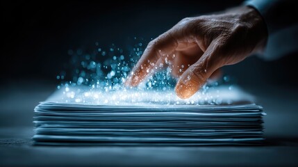 Hand interacting with stack of documents, with glowing lights and digital effects creating the impression of data or information flow
