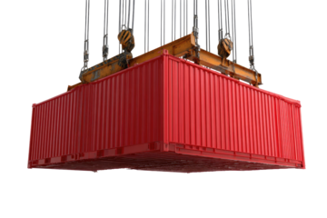 Red shipping container suspended by crane