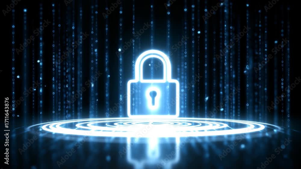 Poster a glowing padlock symbolizing digital security amidst a futuristic backdrop with streaming data.