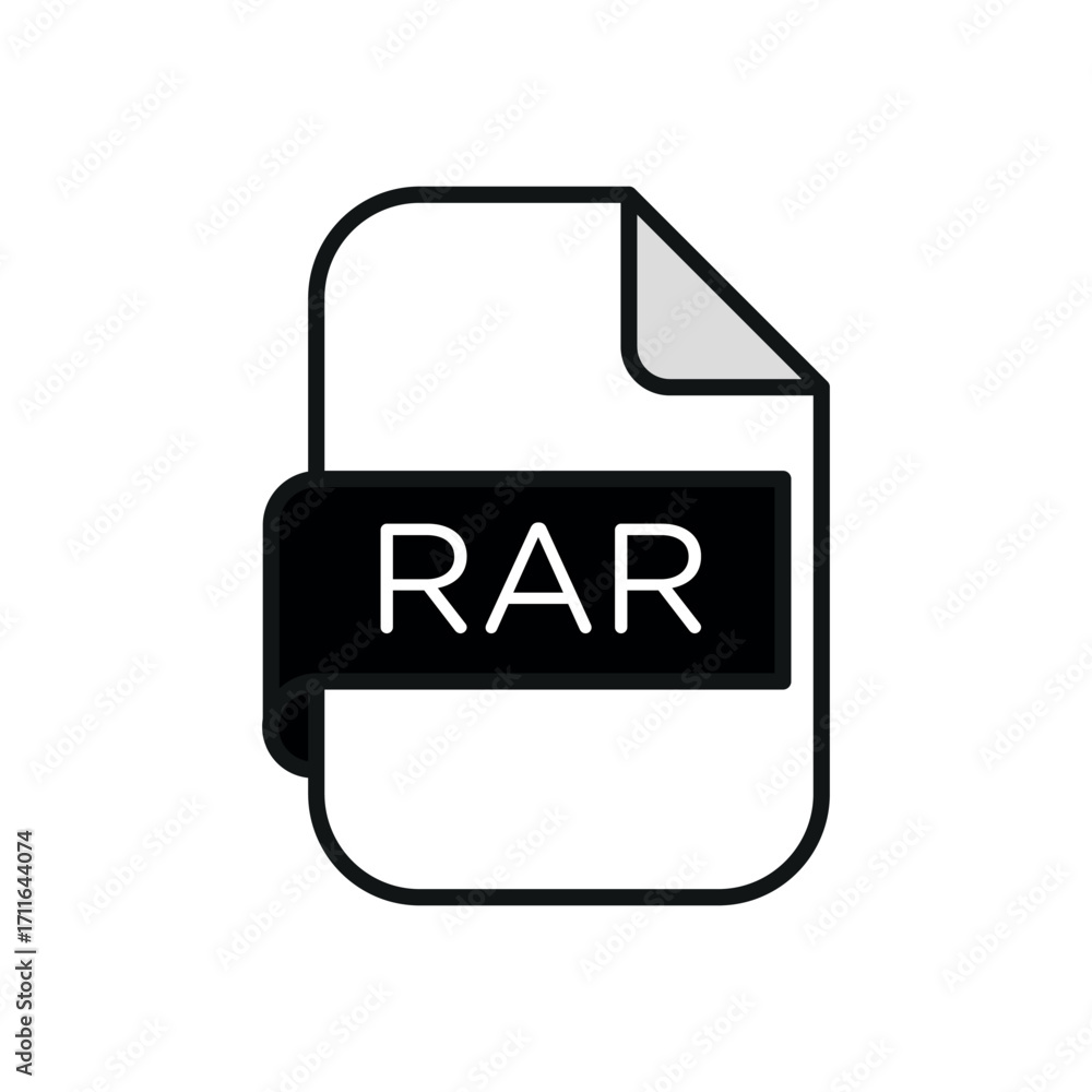 Aufkleber illustration of a rar file icon with a white background and a black label displaying rar text