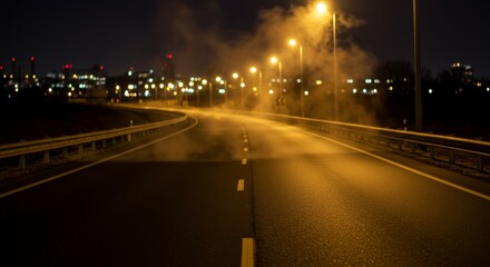 Mystic highway at night illuminated by streetlights with rising steam