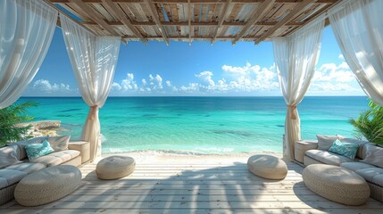 Obraz premium Serene Beachfront Retreat with Ocean View and Cozy Seating Area