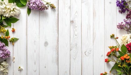 Fototapeta premium Floral Frame on White Wooden Planks Featuring Assorted Blossoms in Pastel Purple White Red and Orange Creating a Natural Rustic Border