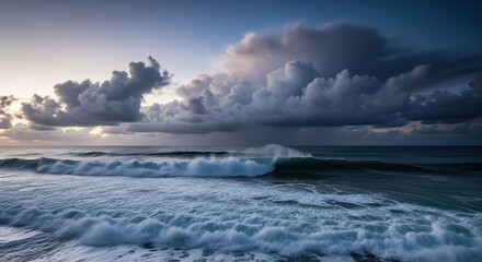 Fototapeta premium Dramatic coastal sunset with powerful waves and stormy clouds