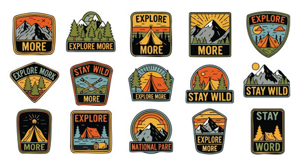 Vintage camping badges with mountains, tents, and outdoor adventure themes, perfect for branding © Elsa