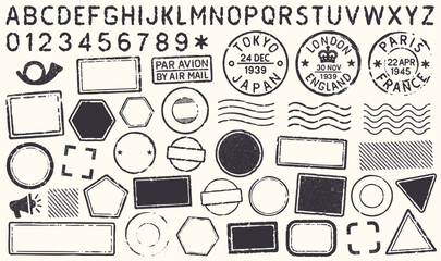 Retro Grunge Travel Postage Stamps Frames Shape Set With Letters. Black Text Postal Round And Square Empty Stamp Border Pack. Blank Post Stamp Template Grunge Ink Rubber Labels Collection. Vector