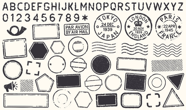 Retro Grunge Travel Postage Stamps Frames Shape Set With Letters. Black Text Postal Round And Square Empty Stamp Border Pack. Blank Post Stamp Template Grunge Ink Rubber Labels Collection. Vector