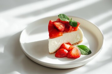 Delicious slice of cheesecake topped with fresh strawberries and mint on a white plate in bright daylight
