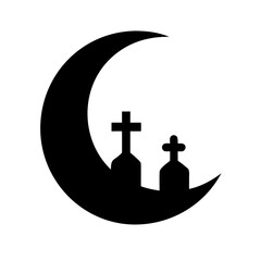 Crescent Moon With Graveyard Silhouette Icon Vector