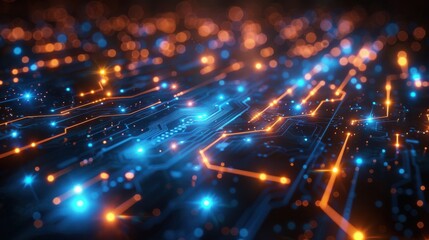 Naklejka premium Abstract Circuit Pattern with Glowing Blue and Orange Lights
