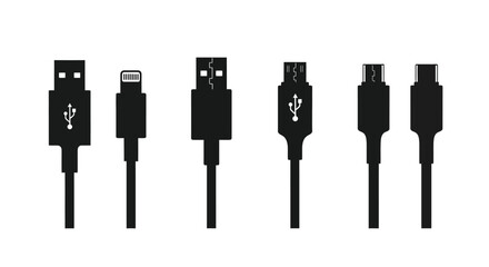 Collection of six different usb cable connectors and types for electronics charging and data transfer vector