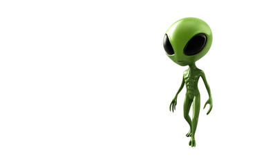 Small green alien creature with large black eyes isolated on transparent background