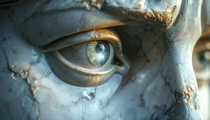 A macro ultra hyper realistic close-up of a classical statue's face, with a glowing, ethereal tear.