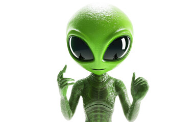 Friendly green alien with big eyes pointing fingers isolated on transparent background