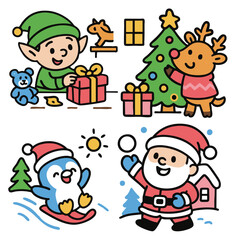 Santa, reindeer, Christmas tree, penguin, elf, and gifts in cheerful winter holiday scene