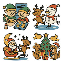 Christmas elf baking cookies, reindeer skating with snowman, Santa with reindeer, animals