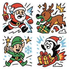 Santa, reindeer, elf, and penguin celebrate Christmas with gifts, joy, and festive energy