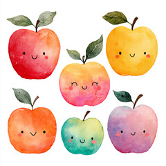 Cute Watercolor kawaii Apples with Happy Faces
