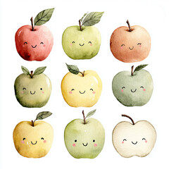 Cute Watercolor kawaii Apples with Happy Faces