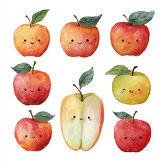 Cute Watercolor kawaii Apples with Happy Faces