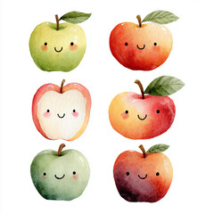 Cute Watercolor kawaii Apples with Happy Faces