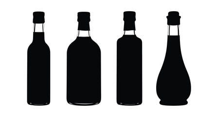 Four black silhouettes of diverse glass bottles with caps isolated on white vector