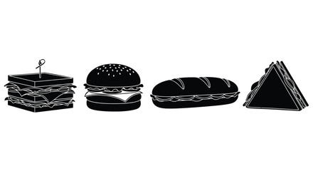 Diverse fast food sandwich collection silhouette collection freshly made appetizing burger and sandwiches vector